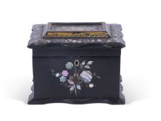 Victorian black lacquered and mother of pearl inlaid tea caddy, the hinged top opening to a two