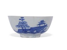 Early Bow porcelain blue and white bowl circa 1750-52 decorated with a pagoda and boat, 12cm diam