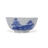 Early Bow porcelain blue and white bowl circa 1750-52 decorated with a pagoda and boat, 12cm diam