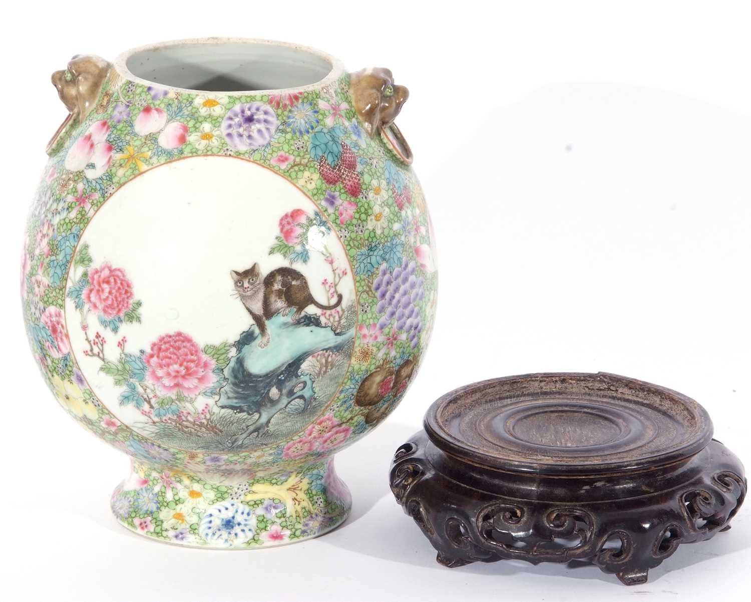 Large Chinese porcelain millefleur vase, of ovoid shape with a panel of famille rose flowers and a - Image 7 of 8