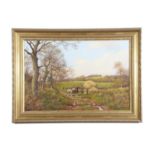 James Wright (British b. 1935), Ploughmen, Oil on canvas, signed. 15.5x24ins