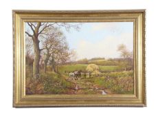 James Wright (British b. 1935), Ploughmen, Oil on canvas, signed. 15.5x24ins