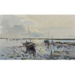 Jack Cox (British, 1914-2007), Beached boats , Oil on board, signed. 14x22ins
