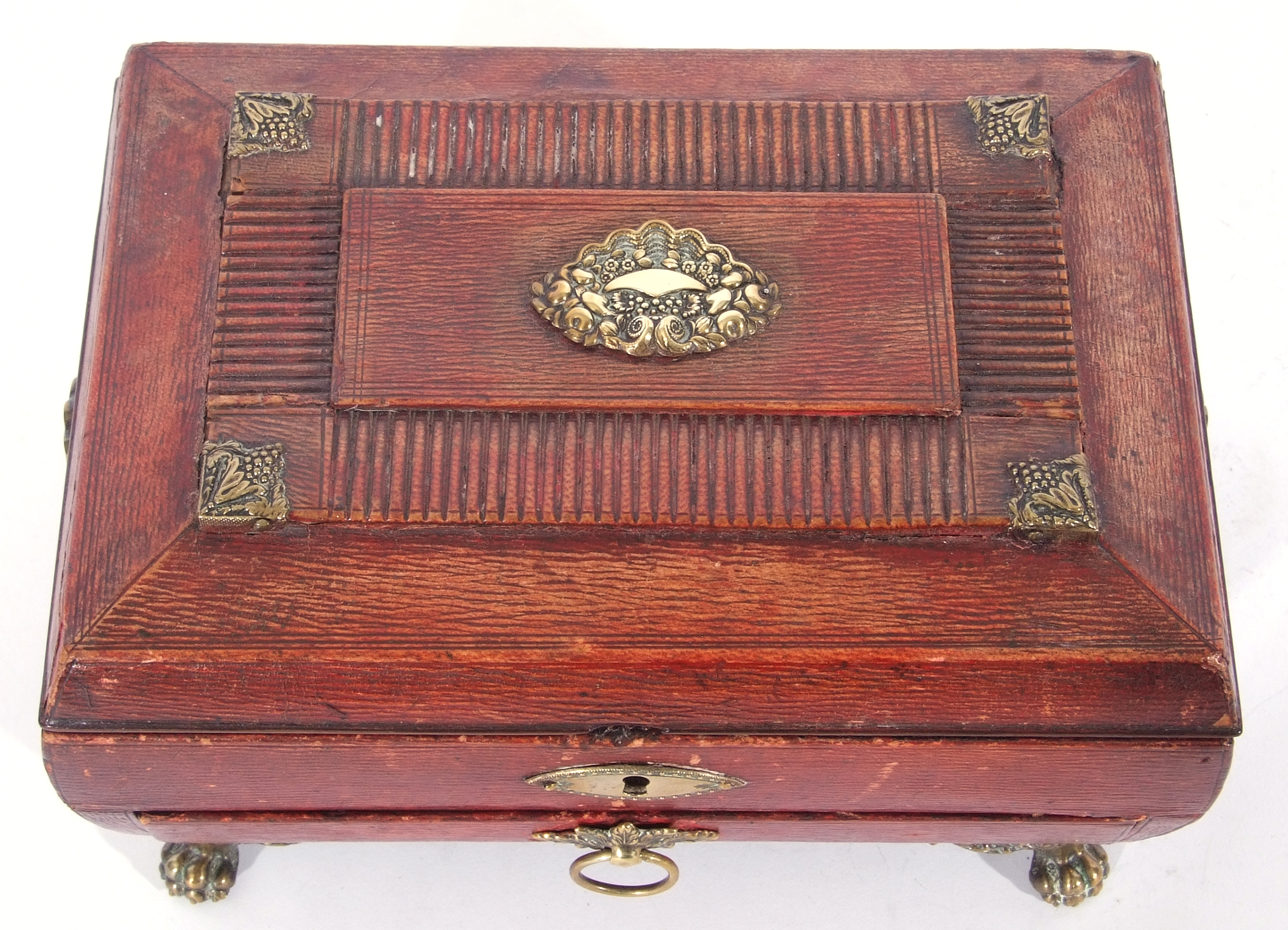 Regency red leather and brass embossed jewel box, hinged lid with silk lined interior, single drawer - Image 10 of 11