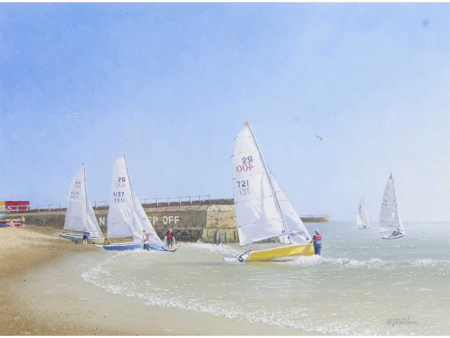 William Ditcham (British Contemporary) Sunday Launch at Gorleston Beach , Oil on canvas, signed.