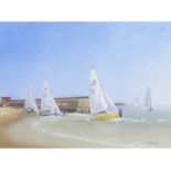 William Ditcham (British Contemporary) Sunday Launch at Gorleston Beach , Oil on canvas, signed.
