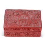 Chinese cinnabar cigar box, the lid modelled with a mountainous scene, 16cm long. Provenance: the