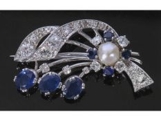 Diamond, Sapphire and Pearl spray brooch, the spray design frame displays a feature 8mm cultured