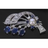 Diamond, Sapphire and Pearl spray brooch, the spray design frame displays a feature 8mm cultured