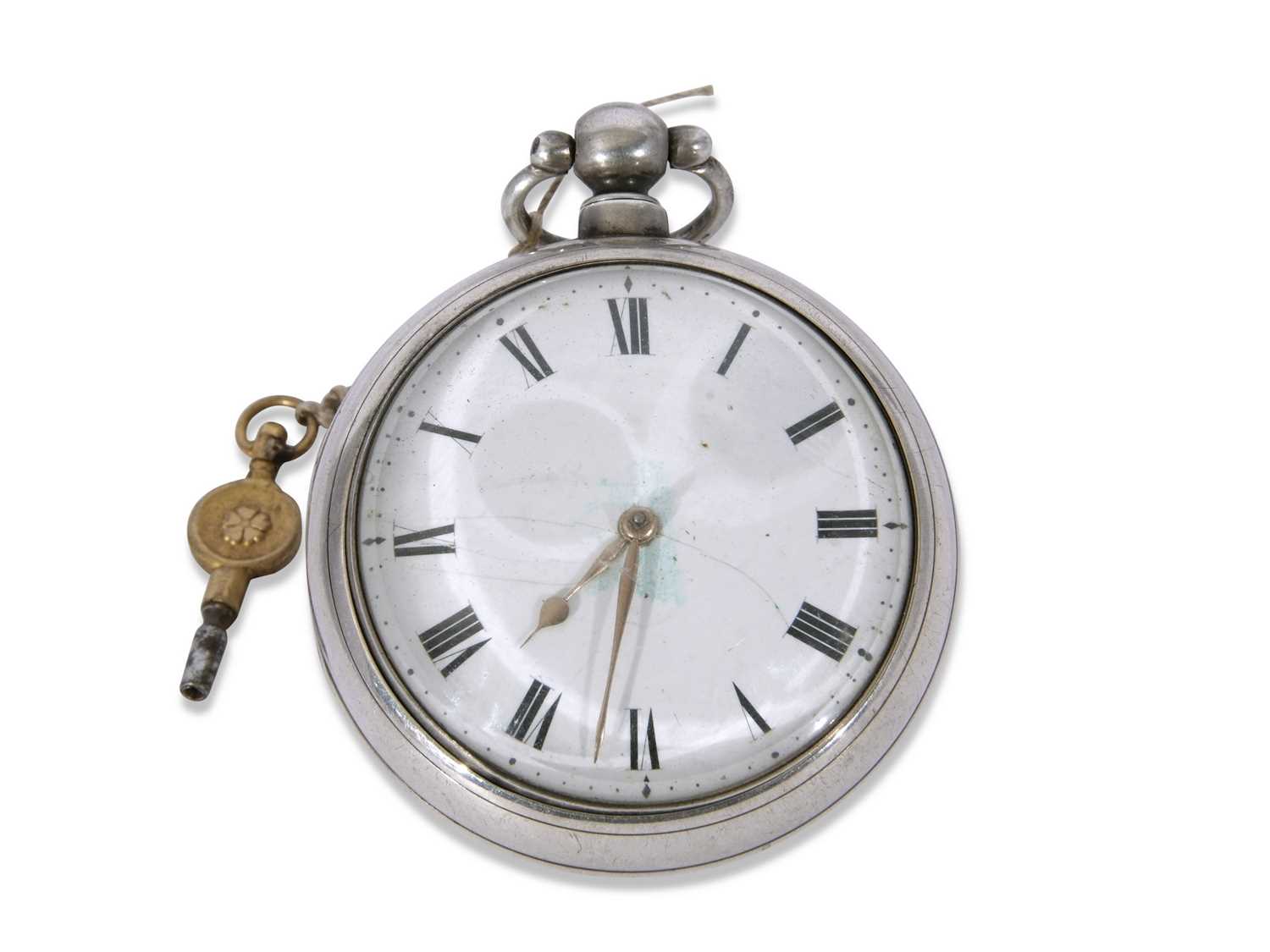 Gents second quarter of 19th century hallmarked silver paired-case pocket watch having gold hands to