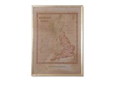 Late 19th century needlework map of the British Isles set in a red border, signed M.A. Bardsley,