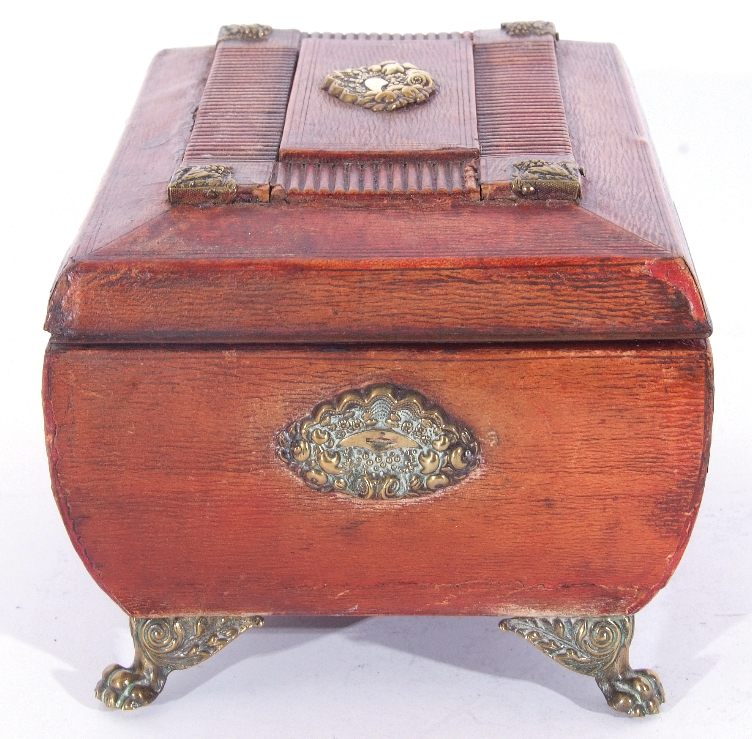 Regency red leather and brass embossed jewel box, hinged lid with silk lined interior, single drawer - Image 9 of 11