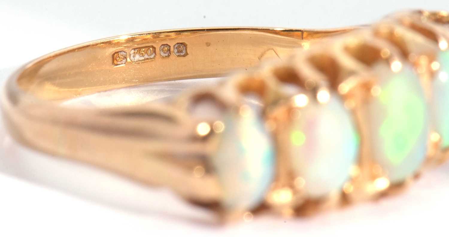 18ct gold five stone opal ring featuring five graduated oval cut cabochon opals, individually claw - Image 10 of 13