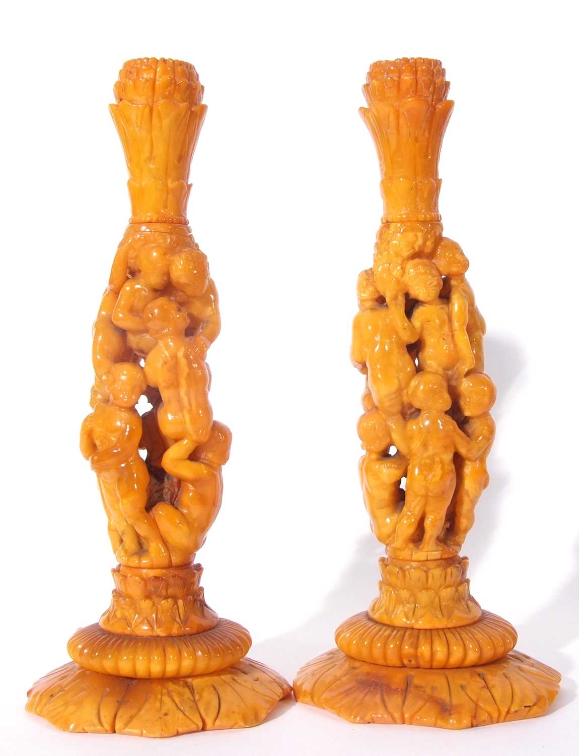 Pair of mid 19th century natural Baltic amber candlesticks (possibly German), having Corinthian - Image 2 of 16