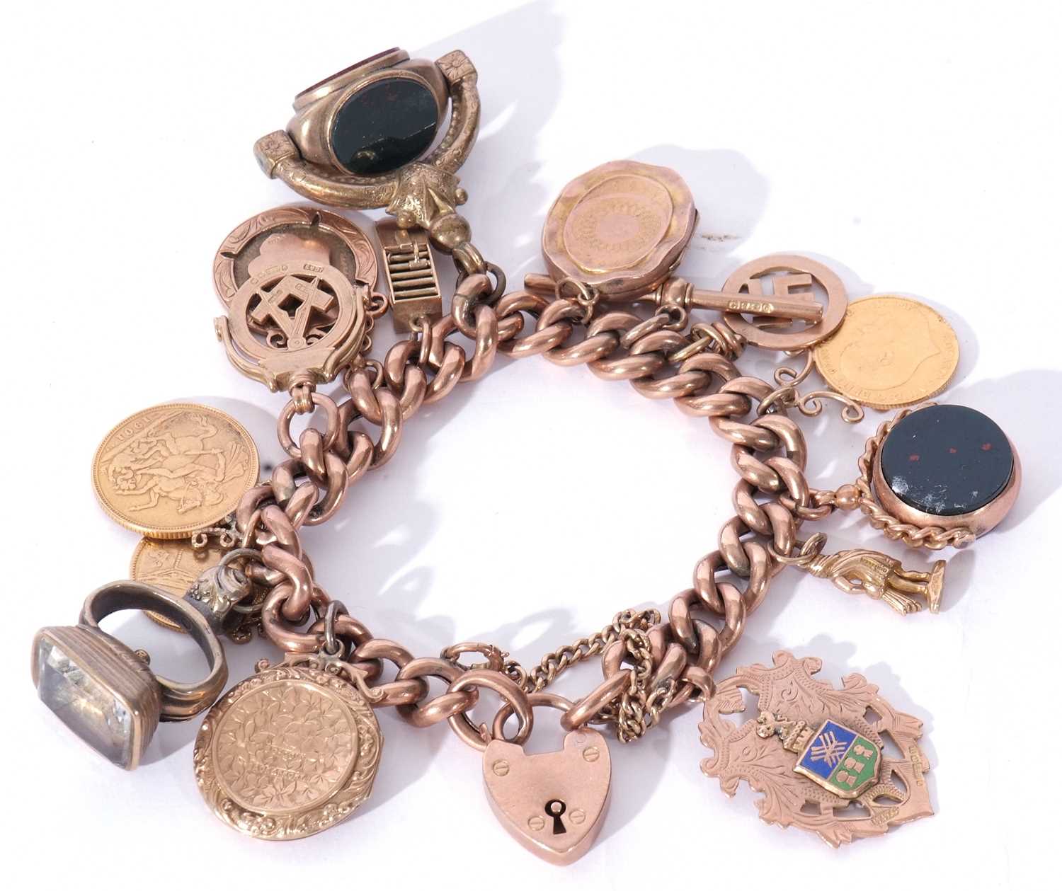9ct rose gold curb link bracelet, suspending various charms and coins to include a Victorian - Image 3 of 4