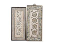 Pair of framed Chinese embroideries, one with fish and butterflies bordered by Happiness emblems