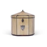 Georgian ivory and tortoiseshell mounted tea caddy of faceted oval shape, the hinged lid lifting