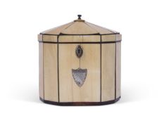 Georgian ivory and tortoiseshell mounted tea caddy of faceted oval shape, the hinged lid lifting
