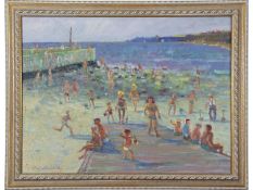 British Contemporary, A Crowded Beach Scene, Oil on board, indistinctly signed. 17z23ins