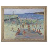 British Contemporary, A Crowded Beach Scene, Oil on board, indistinctly signed. 17z23ins