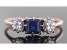 Antique sapphire and diamond three stone ring, the square sapphire 5mm, flanked by two round