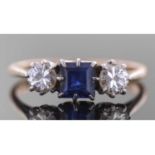 Antique sapphire and diamond three stone ring, the square sapphire 5mm, flanked by two round