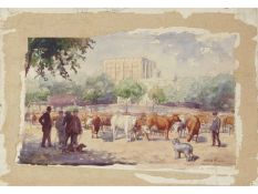 Wilfred S Pettitt (British 1904-1978), Norwich Cattle Market. Condition: Marginal tear to lower