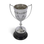 Edward VII two-handled trophy goblet in Art Nouveau taste, the body embossed with heart and grape