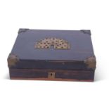 19th century coromandel games box, the lid decorated with brass playing cards and corner mounts, the