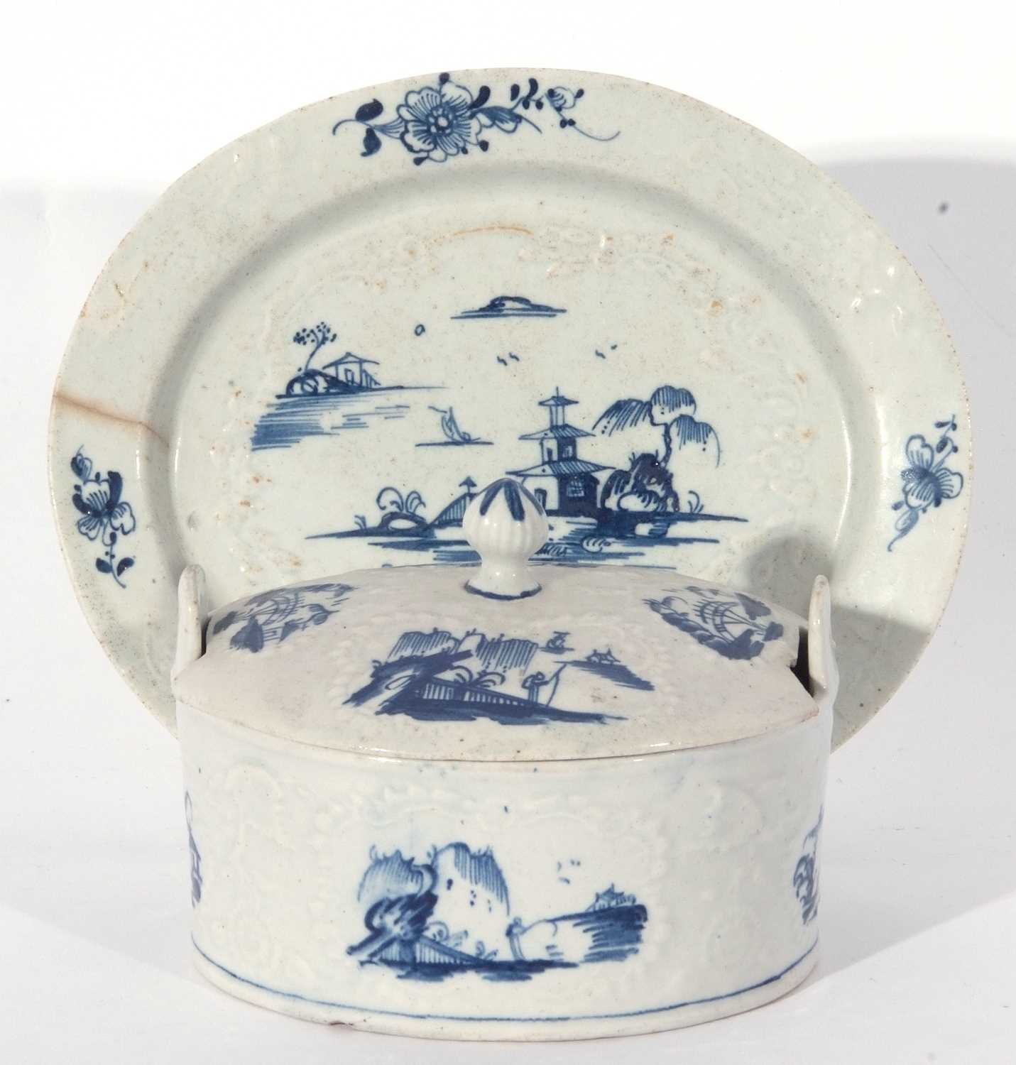 Lowestoft porcelain butter tub, cover and stand circa 1765, the tub moulded with flowers enclosing - Image 2 of 14