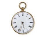 Ladies 18K gold cased fob watch with key wind movement, having gold hands to a white enamelled