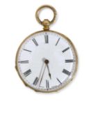 Ladies 18K gold cased fob watch with key wind movement, having gold hands to a white enamelled