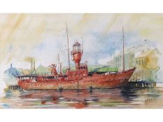 Keith Tucker (British, Contemporary), The Lightship, Watercolour, signed. 16x26ins
