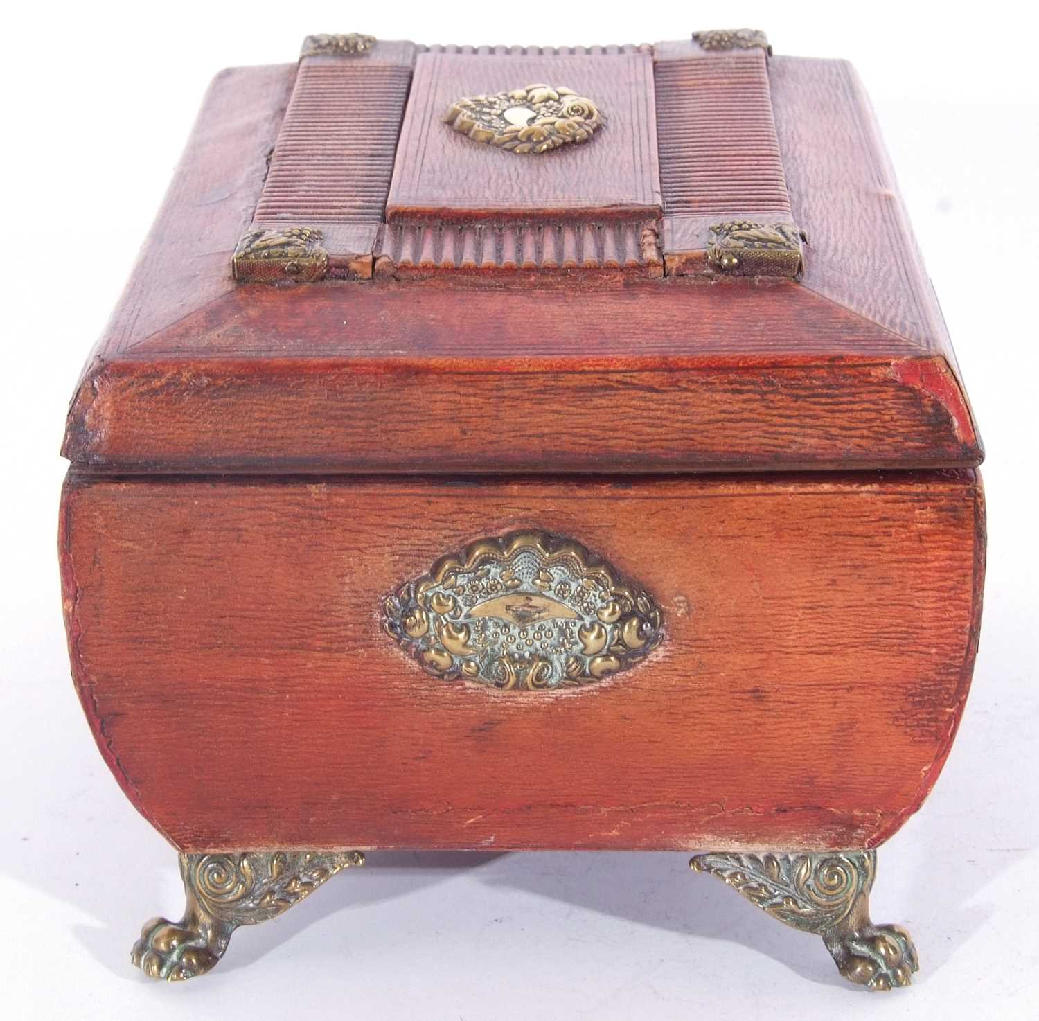Regency red leather and brass embossed jewel box, hinged lid with silk lined interior, single drawer - Image 4 of 11