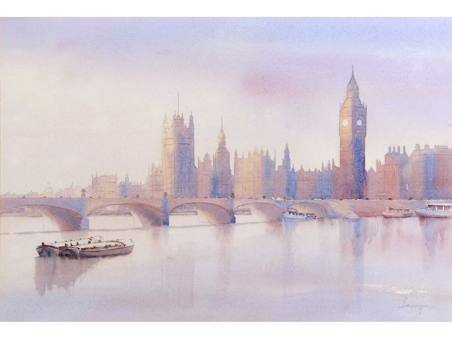Lanyu Wang-Kemp (British/Chinese, Contemporary) Twilight at Westminster , Watercolour, signed.