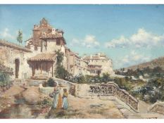 Arthur Trevor Haddon (British 1864-1941) Iberian Scene with figures by a terrace , Oil on canvas,