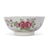 Early Bow bowl of lobed shape with typical polychrome decoration in famille rose style including a