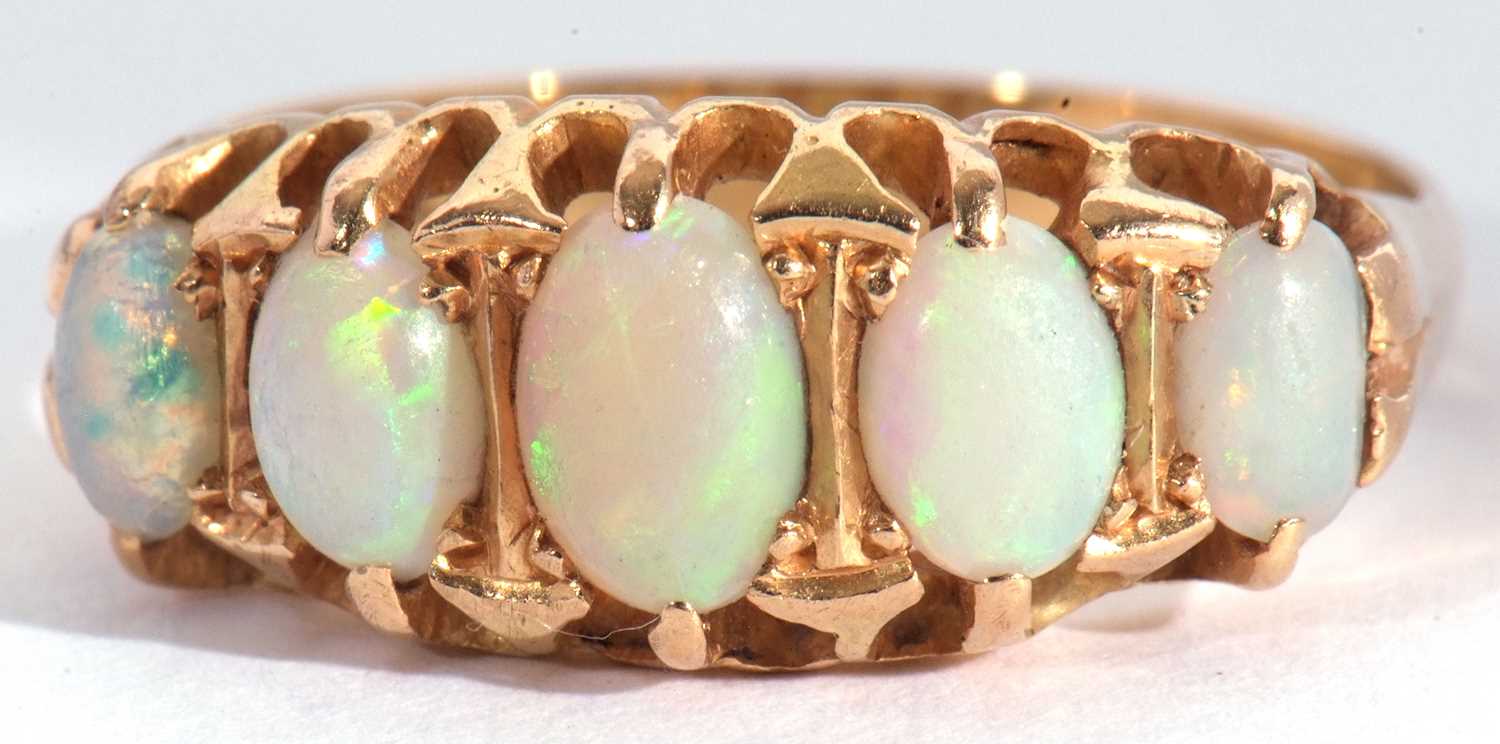 18ct gold five stone opal ring featuring five graduated oval cut cabochon opals, individually claw - Image 4 of 13