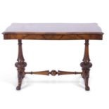 Victorian burr walnut veneered centre table, the shaped rectangular top raised on tapering columns