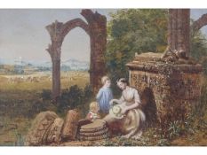 ** L. Rayner (British 19th Century), Figures playing among ruins , Gouache on paper, indistinctly