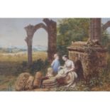 ** L. Rayner (British 19th Century), Figures playing among ruins , Gouache on paper, indistinctly