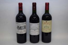 Three bottles various Clarets, comprising one bottle each of Ch d'Angludet Margaux 2001, Le Pierry