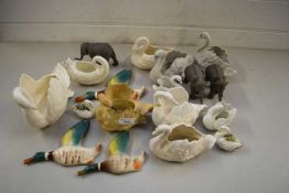 COLLECTION OF VARIOUS POTTERY SWANS, WALL DUCKS ETC