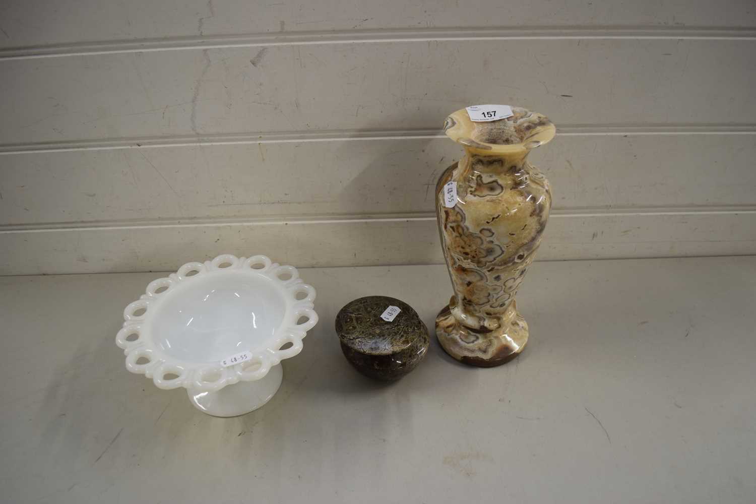 POLISHED STONE VASE, A SMALL POLISHED STONE TRINKET BOX AND A MILK GLASS PEDESTAL BOWL