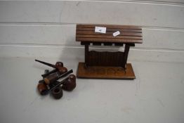 OAK PIPE STAND AND VARIOUS TOBACCO PIPES