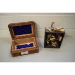 SMALL CARVED ASIAN JEWELLERY BOX TOGETHER WITH A MINIATURE MODEL OF A SHELF UNIT AND CONTENTS