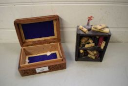 SMALL CARVED ASIAN JEWELLERY BOX TOGETHER WITH A MINIATURE MODEL OF A SHELF UNIT AND CONTENTS