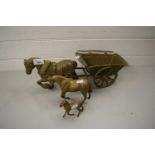 BRASS HORSE AND CART PLUS A FURTHER HORSE AND FOAL