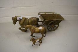 BRASS HORSE AND CART PLUS A FURTHER HORSE AND FOAL