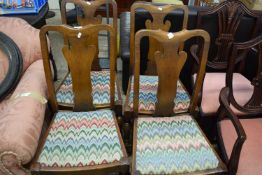 SET OF FOUR EARLY 20TH CENTURY OAK DINING CHAIRS WITH TURNED LEGS AND TAPESTRY COVERED SEATS